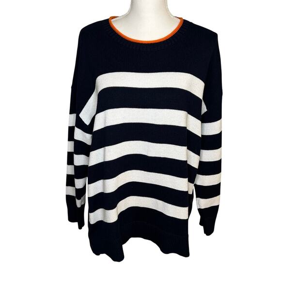 Talbots cotton blend navy stripe crew neck with snaps sweater size XL - Picture 1 of 10
